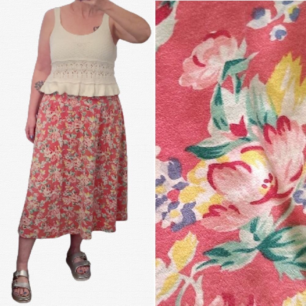 VTG 80s Talbots Pink Floral Cotton  Midi Skirt with Pockets Medium‎ Cottagecore
